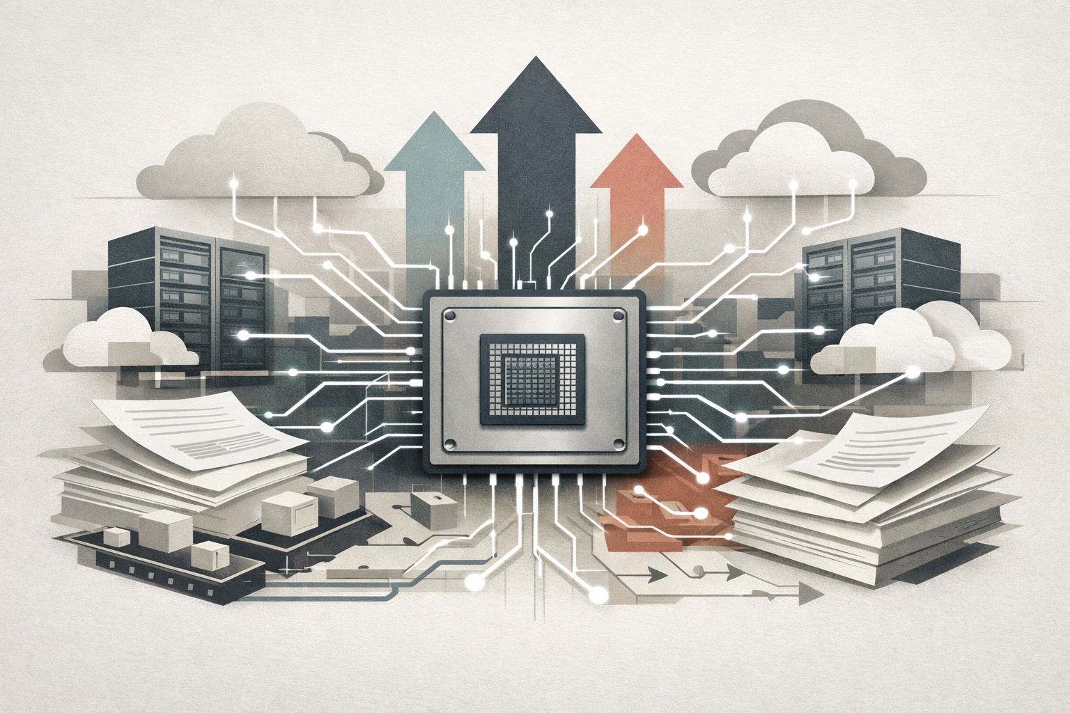 An editorial illustration of a semiconductor chip linked to network nodes and document-like panels, symbolizing AI infrastructure demand and Broadcom's earnings disclosure.