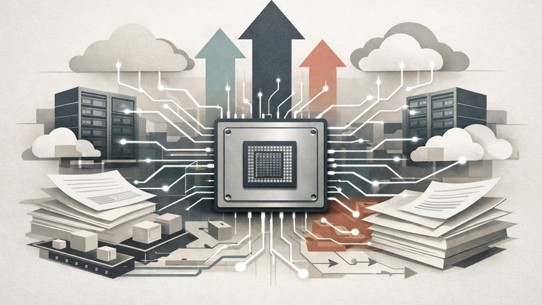 An editorial illustration of a semiconductor chip linked to network nodes and document-like panels, symbolizing AI infrastructure demand and Broadcom's earnings disclosure.