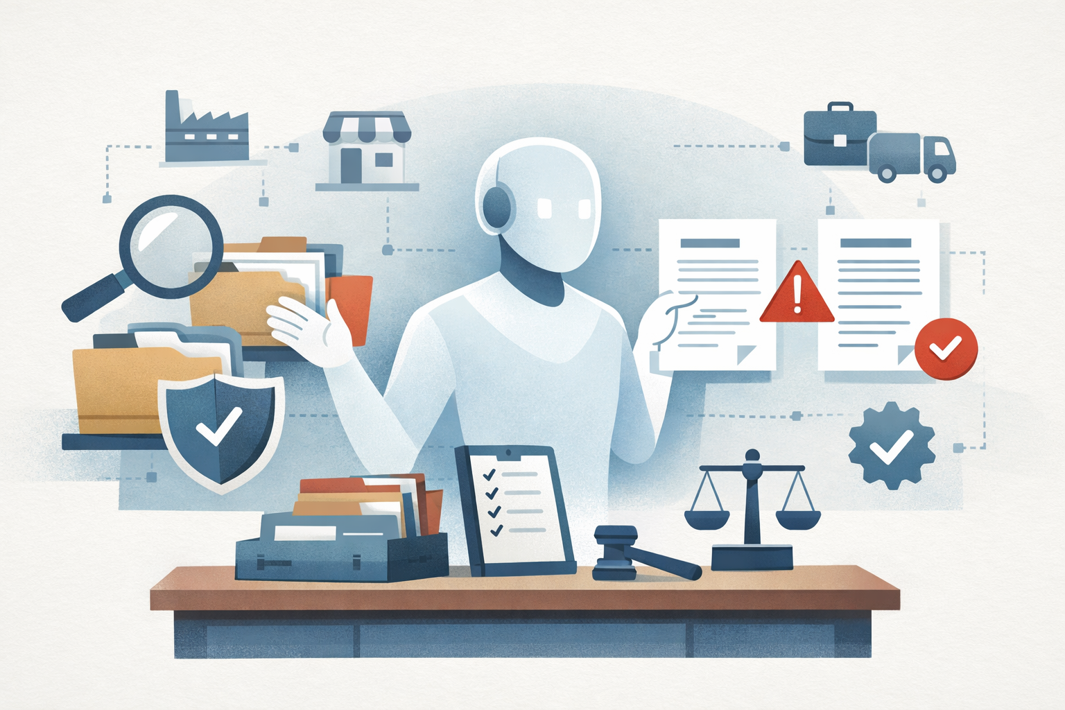 Illustration of AI supporting public procurement tasks such as vendor matching, contract review, risk checks, and transparent recordkeeping.