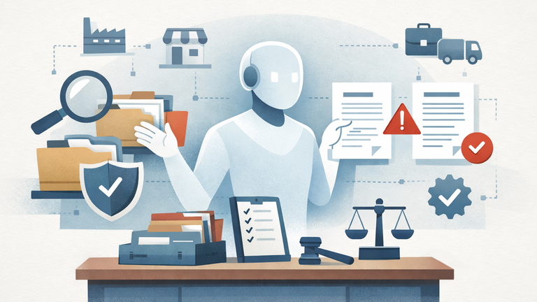 Illustration of AI supporting public procurement tasks such as vendor matching, contract review, risk checks, and transparent recordkeeping.
