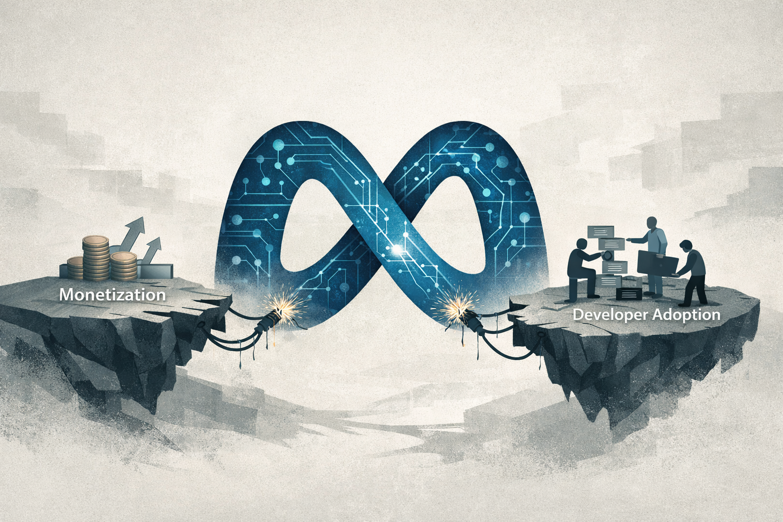 Illustration of Meta's AI strategy, showing a large 'M' with AI patterns struggling to connect to 'Monetization' and 'Developer Adoption' platforms, symbolizing ongoing challenges.
