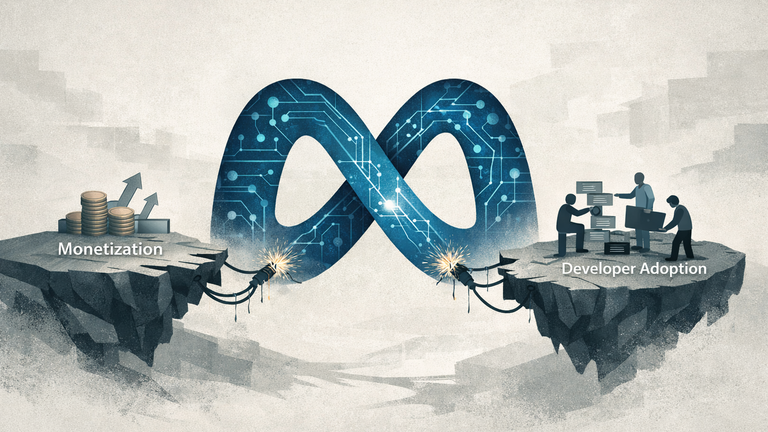 Illustration of Meta's AI strategy, showing a large 'M' with AI patterns struggling to connect to 'Monetization' and 'Developer Adoption' platforms, symbolizing ongoing challenges.