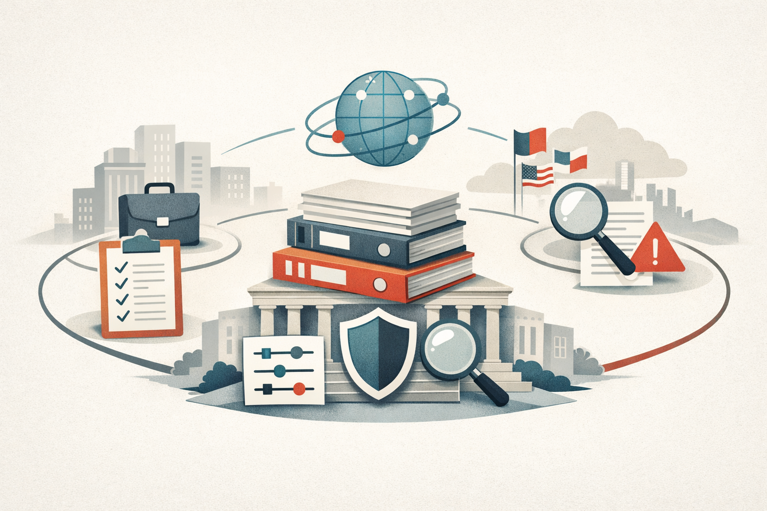 An abstract illustration of federal AI standards flowing from a central NIST-style resource hub into procurement, risk review, and international compliance pathways.
