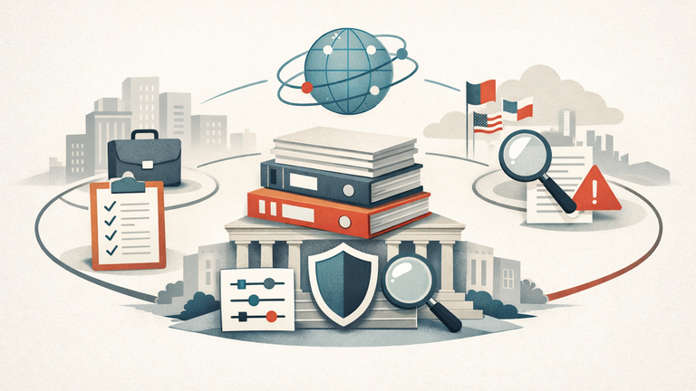 An abstract illustration of federal AI standards flowing from a central NIST-style resource hub into procurement, risk review, and international compliance pathways.