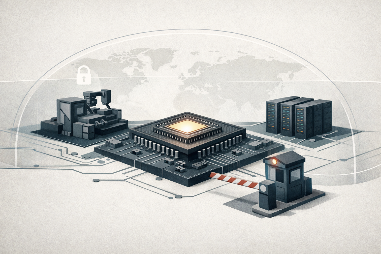 Symbolic illustration of a semiconductor supply chain with a chip, fabrication tool, compliance checkpoint, and AI server cluster connected by policy barriers.