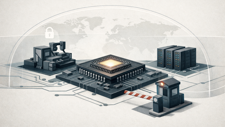 Symbolic illustration of a semiconductor supply chain with a chip, fabrication tool, compliance checkpoint, and AI server cluster connected by policy barriers.