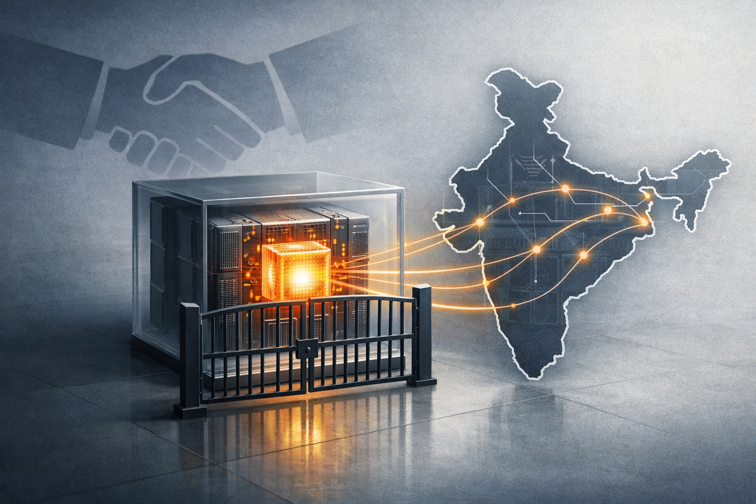 An abstract illustration of an AI server core behind a policy gate, linked by data lines to India, suggesting access restrictions and enterprise AI strategy.