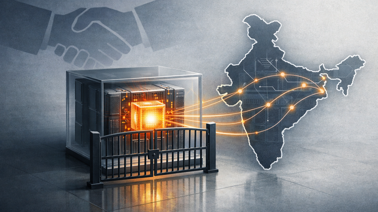 An abstract illustration of an AI server core behind a policy gate, linked by data lines to India, suggesting access restrictions and enterprise AI strategy.