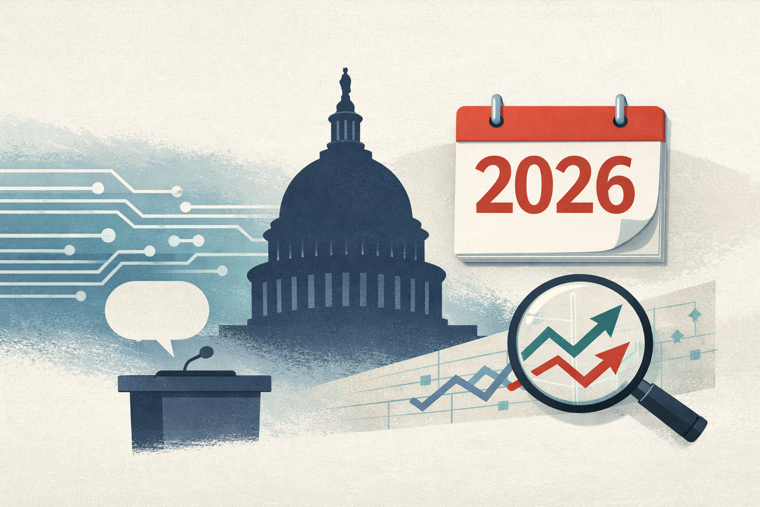 Symbolic illustration of U.S. lawmakers debating AI regulation ahead of the 2026 midterm elections, with a Capitol silhouette, circuit patterns, and a calendar marked 2026.
