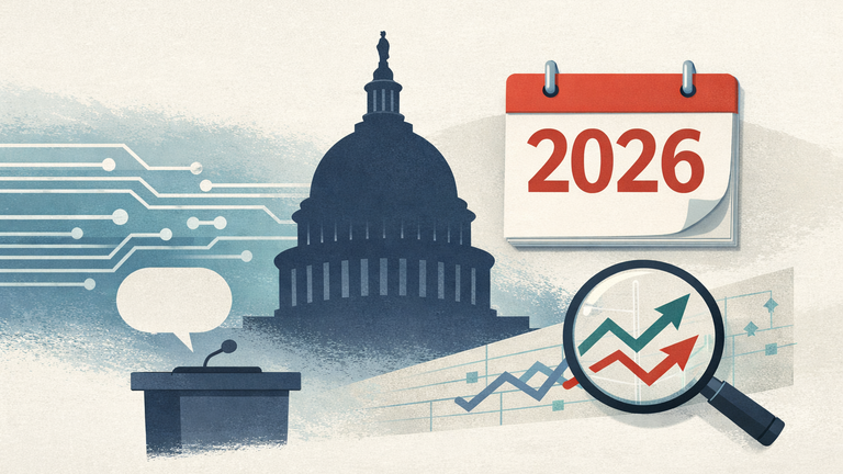 Symbolic illustration of U.S. lawmakers debating AI regulation ahead of the 2026 midterm elections, with a Capitol silhouette, circuit patterns, and a calendar marked 2026.