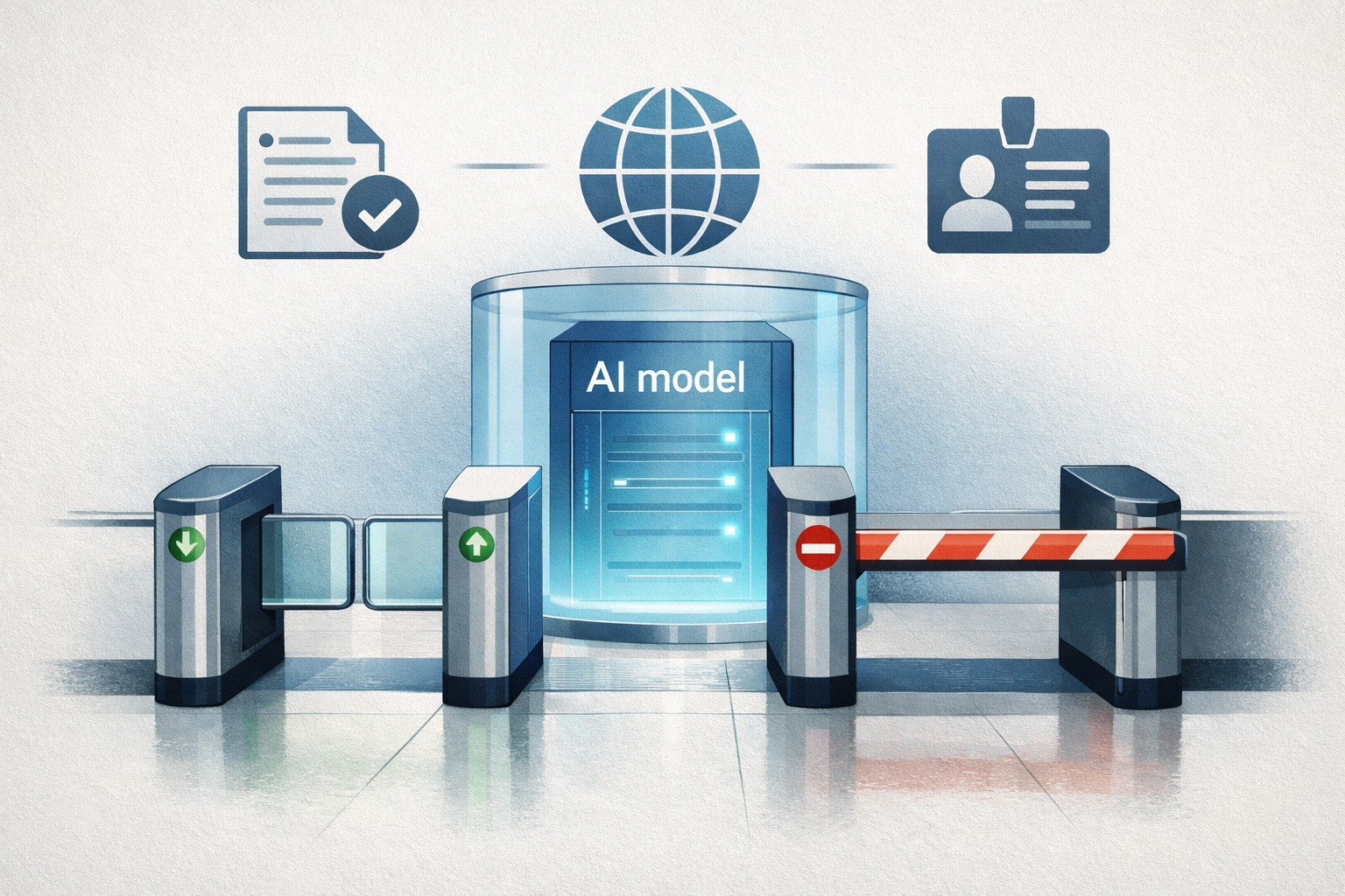 An AI model behind a compliance gate, with policy, geography, and identity controls determining access.