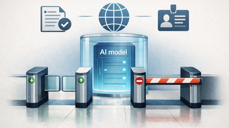 An AI model behind a compliance gate, with policy, geography, and identity controls determining access.