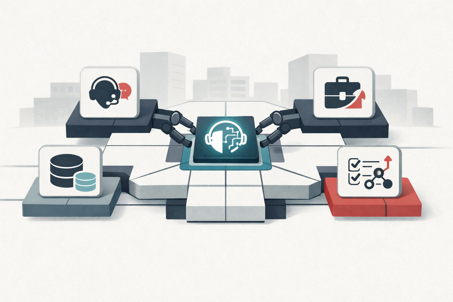 An enterprise software hub with connected workflow modules and a new AI agent being integrated into the center.