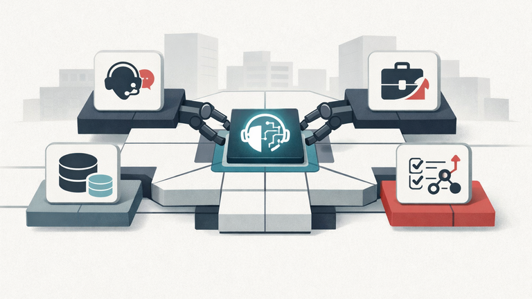 An enterprise software hub with connected workflow modules and a new AI agent being integrated into the center.