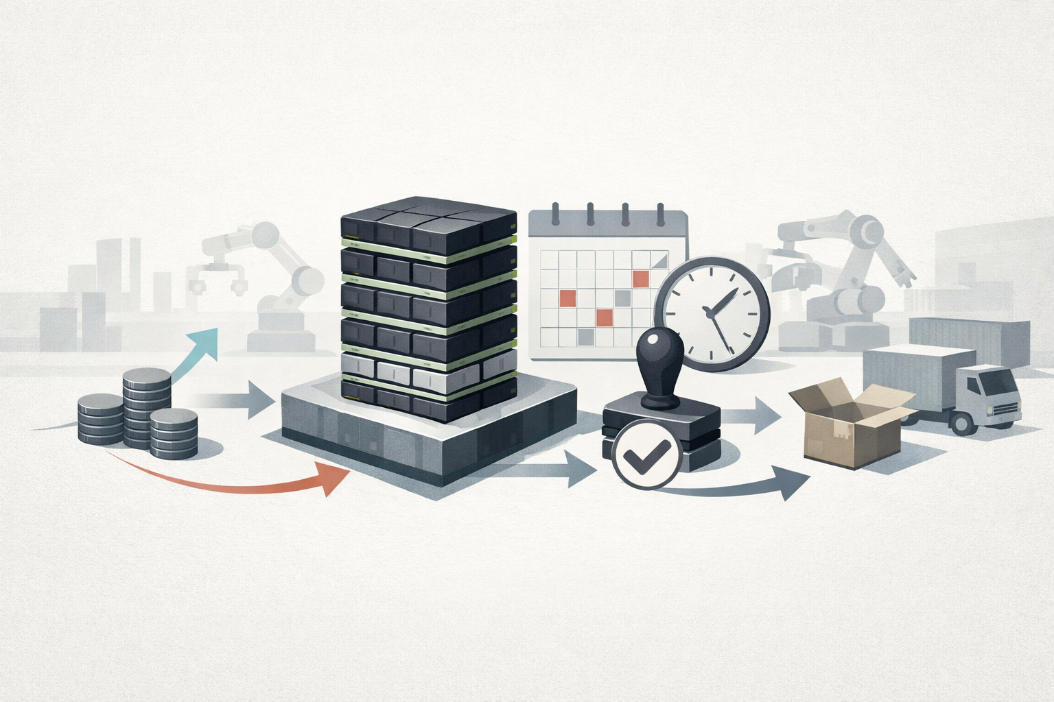 Symbolic illustration of semiconductor investment leading to production readiness, customer qualification, and shipment timing.