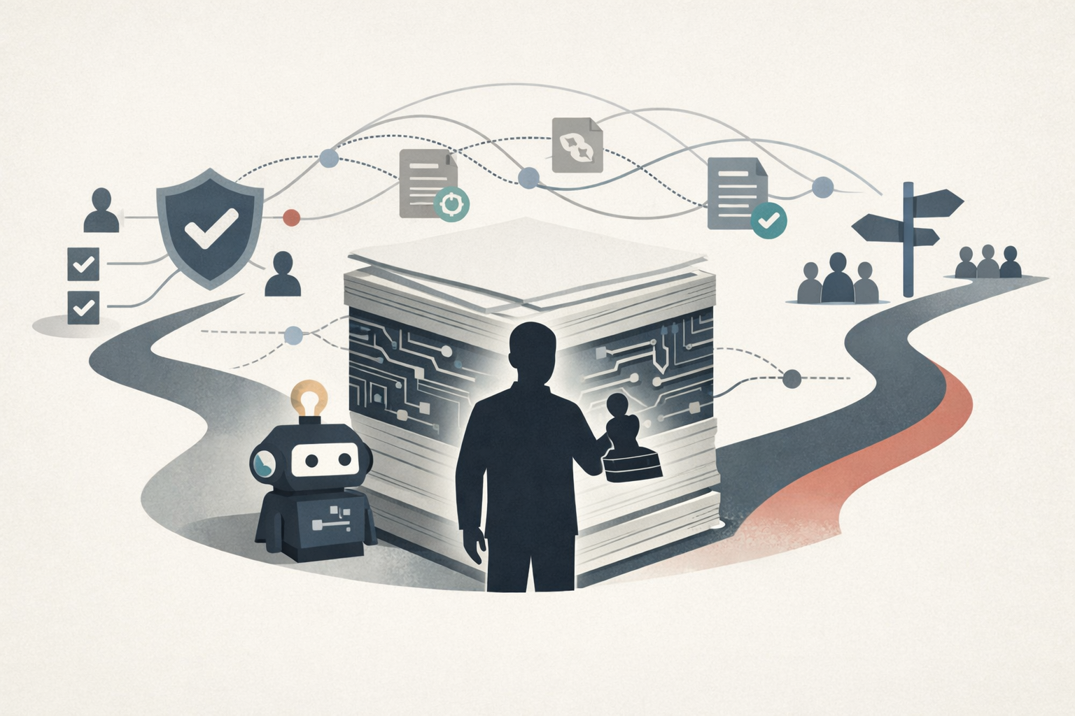 An editorial illustration of open-source governance around AI-assisted coding, showing a repository, a maintainer review gate, provenance threads, and a fork in the path.