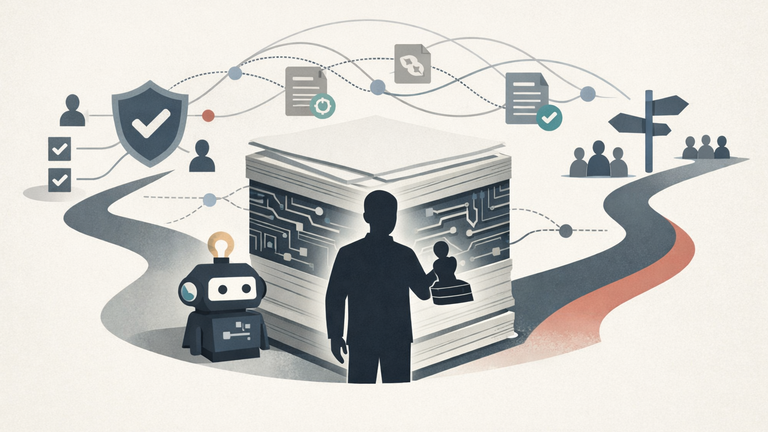 An editorial illustration of open-source governance around AI-assisted coding, showing a repository, a maintainer review gate, provenance threads, and a fork in the path.