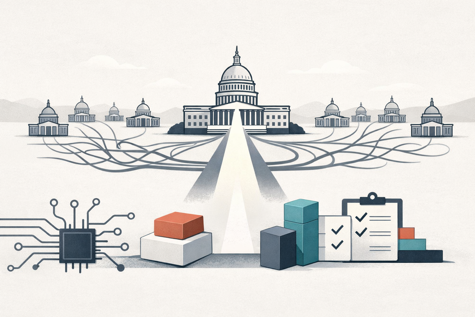 Symbolic illustration of a unified federal AI framework connecting to multiple state-level rules and AI product systems.