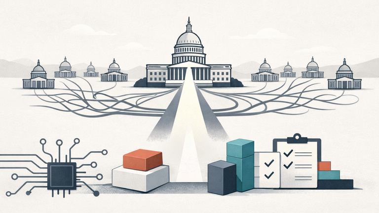 Symbolic illustration of a unified federal AI framework connecting to multiple state-level rules and AI product systems.