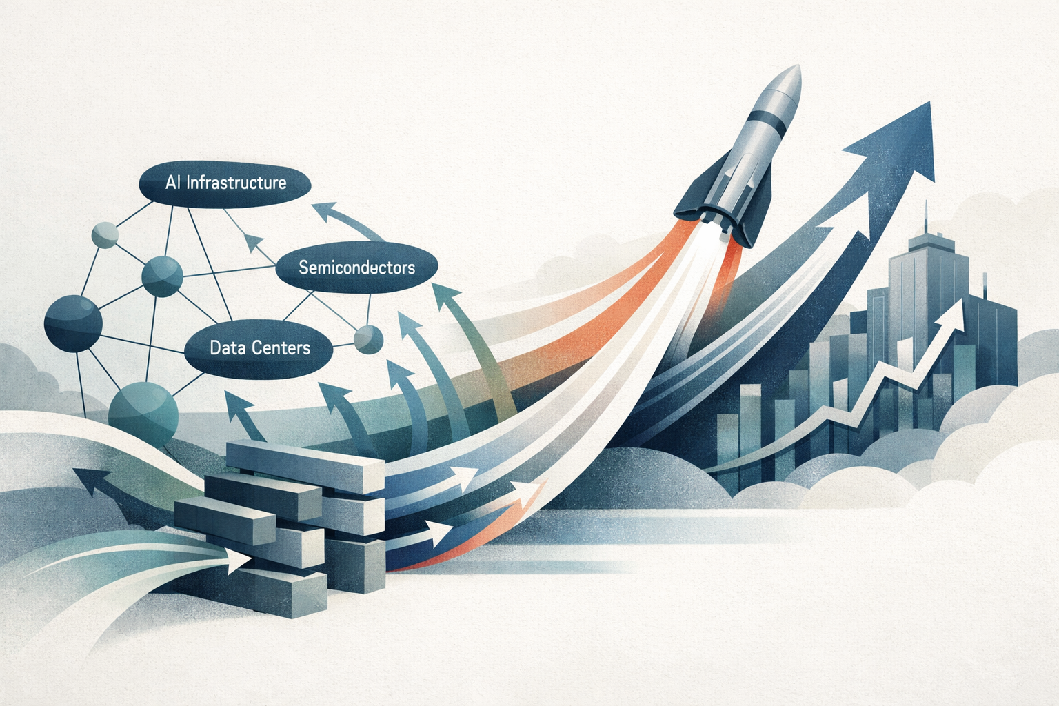 Abstract illustration depicting institutional capital allocation flows converging toward AI infrastructure and semiconductor sectors, with symbolic representations of policy constraints and market access barriers.