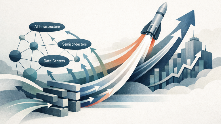 Abstract illustration depicting institutional capital allocation flows converging toward AI infrastructure and semiconductor sectors, with symbolic representations of policy constraints and market access barriers.