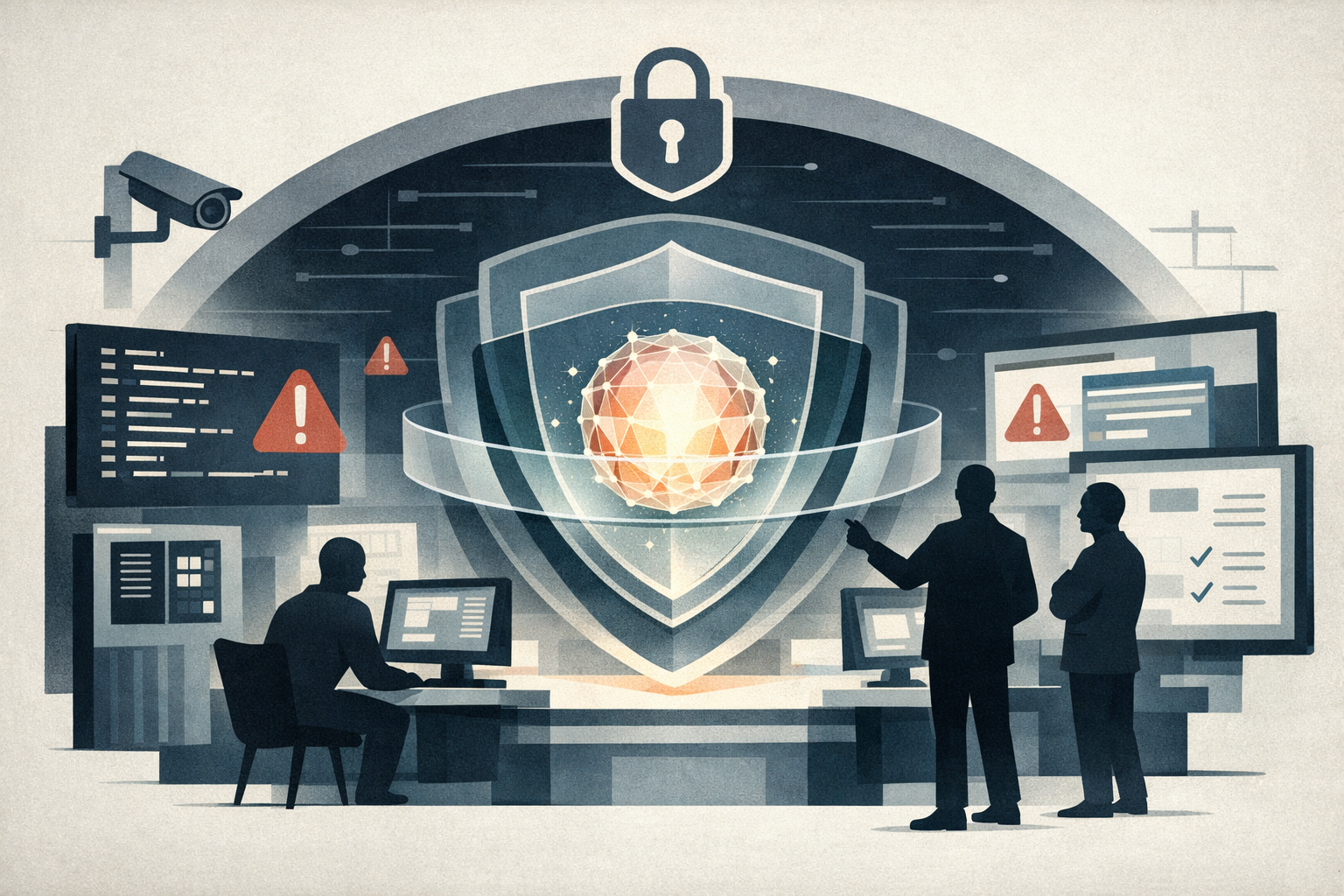 An illustration of an AI model used for cybersecurity research, surrounded by shields, code, and analyst review tools.