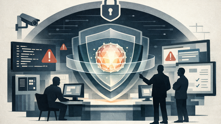 An illustration of an AI model used for cybersecurity research, surrounded by shields, code, and analyst review tools.