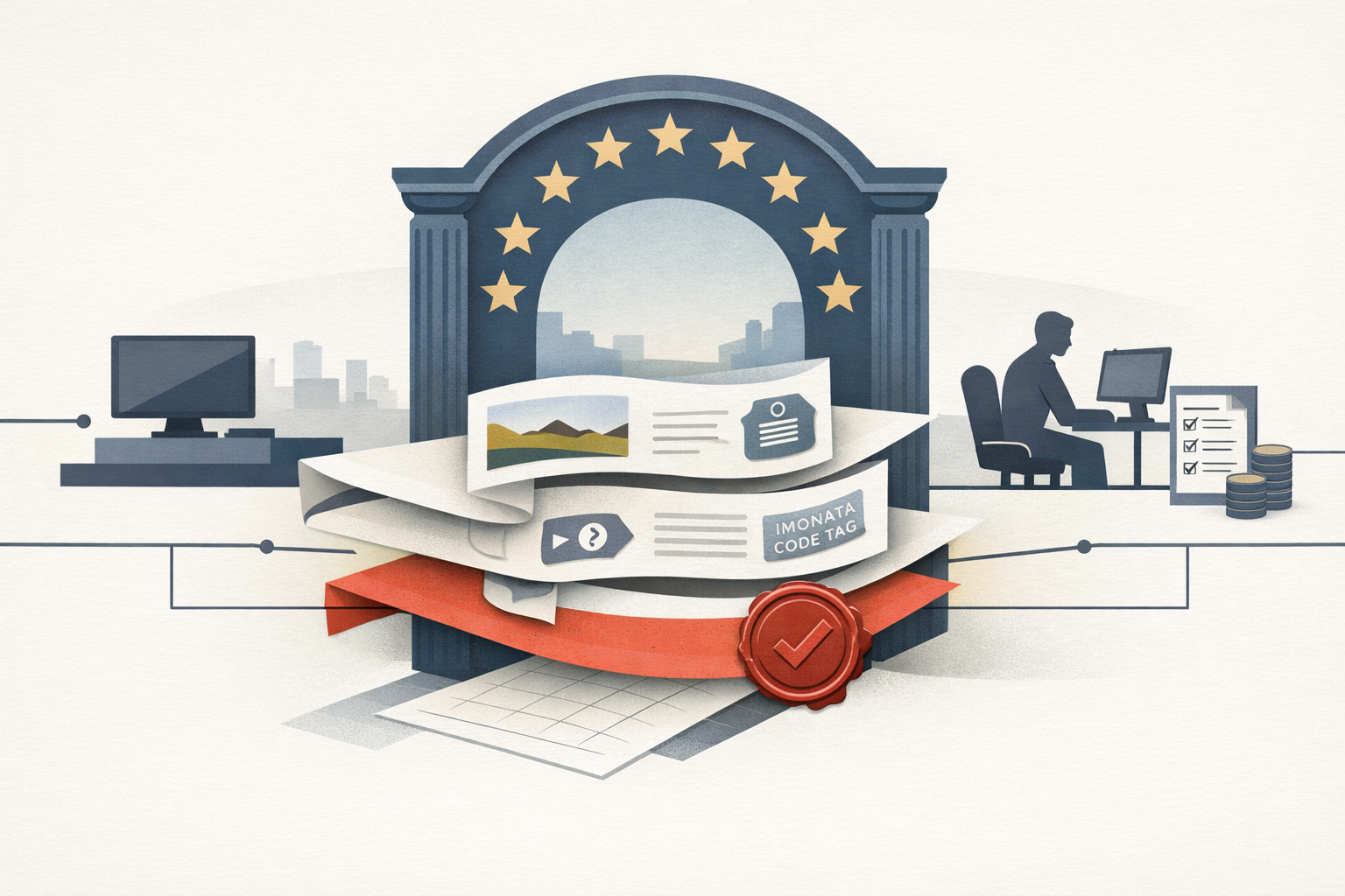 Symbolic illustration of a content pipeline, watermark tags, and compliance paperwork passing through a legal gate, representing EU AI provenance rules and added compliance costs.