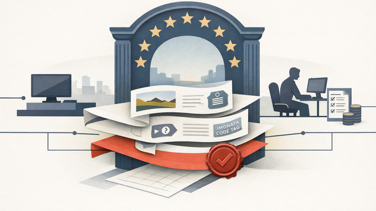 Symbolic illustration of a content pipeline, watermark tags, and compliance paperwork passing through a legal gate, representing EU AI provenance rules and added compliance costs.
