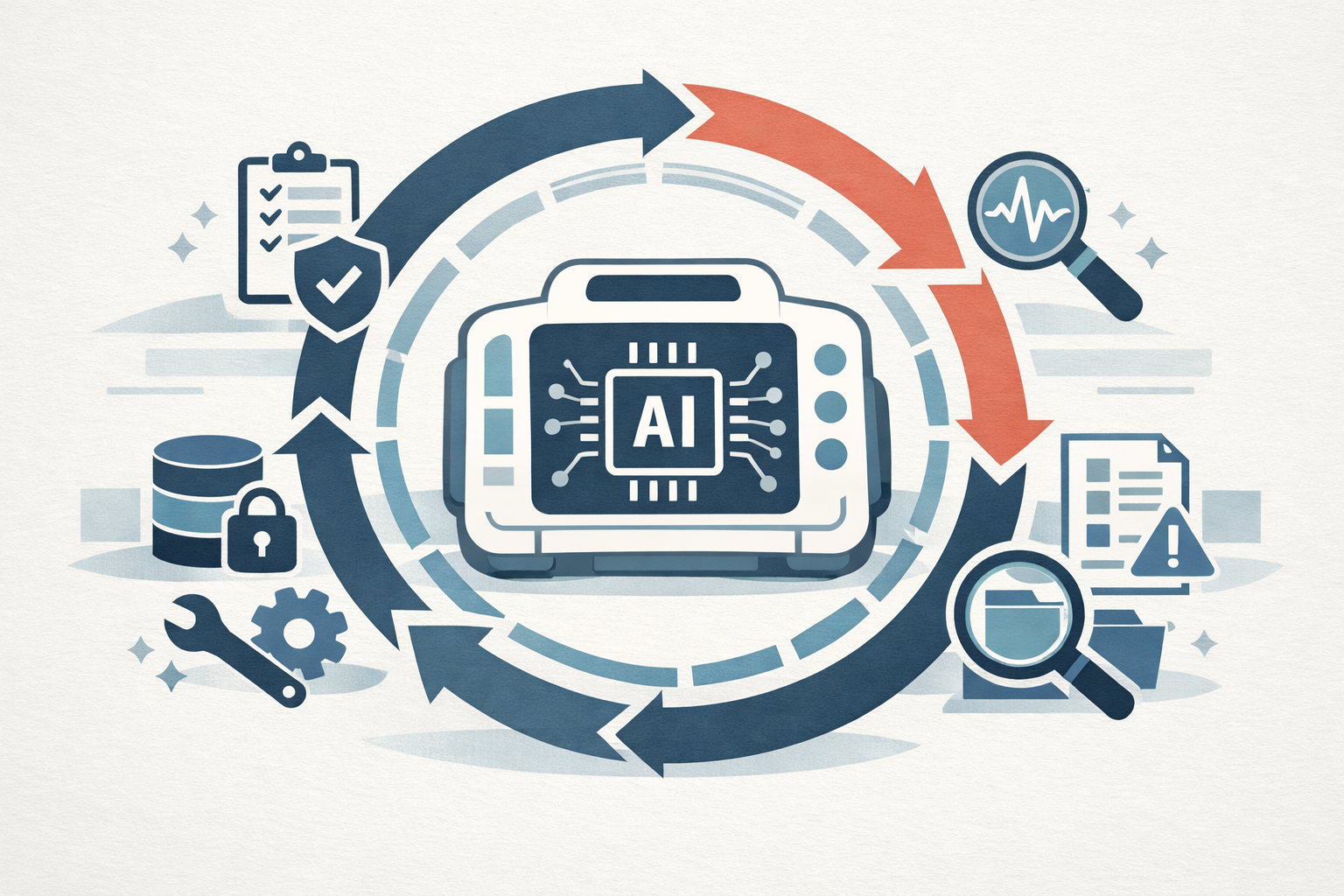 An abstract healthcare AI device illustration showing a life-cycle loop and compliance elements such as documentation, quality systems, and post-market monitoring.