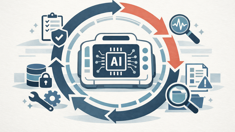 An abstract healthcare AI device illustration showing a life-cycle loop and compliance elements such as documentation, quality systems, and post-market monitoring.